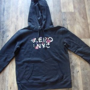 Aero Aeropostale NYC pullover hooded sweatshirt, black, floral, XS womens